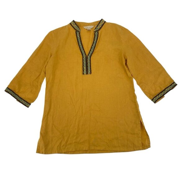 The Territory Ahead Tops - The Territory Ahead Women's Size Small Top Yellow 100% Linen V Neck Embroidered
